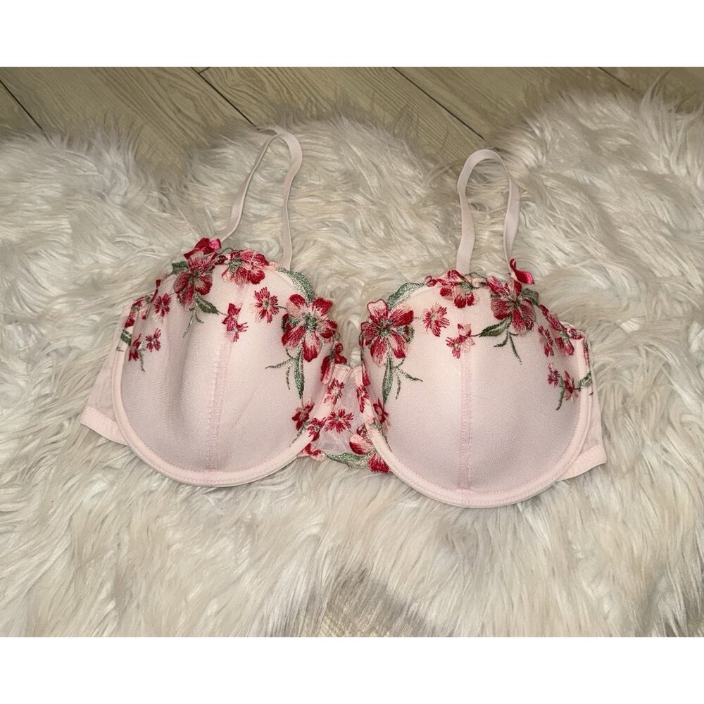 Adore Me Embroidered Floral Mesh Balconette Bra Padded UW Womens 36DD Pink